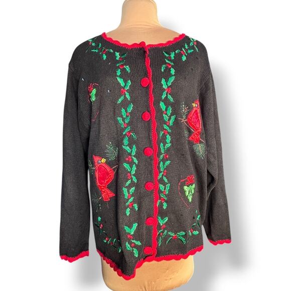 Vintage Black Cardinal Holiday Sweater Plus Size 1X Christmas Embroidered Birds - Picture 3 of 10